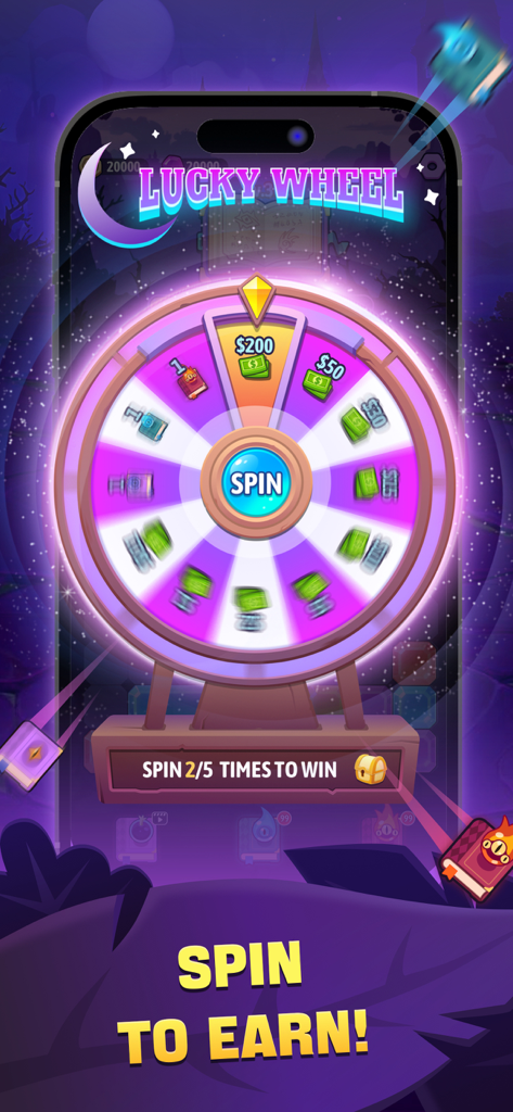 Magical Gems! - In-game lucky wheel feature in Magical Gems showing potential cash rewards and magical items.