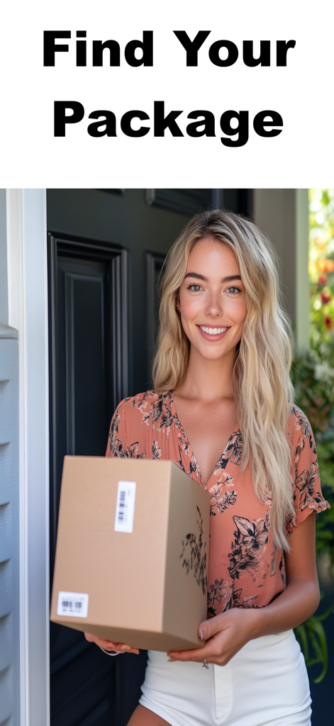 Package tracker for Fedex,UPS - Una mujer sonriente sosteniendo una caja de cartón de entrega en la puerta de su casa