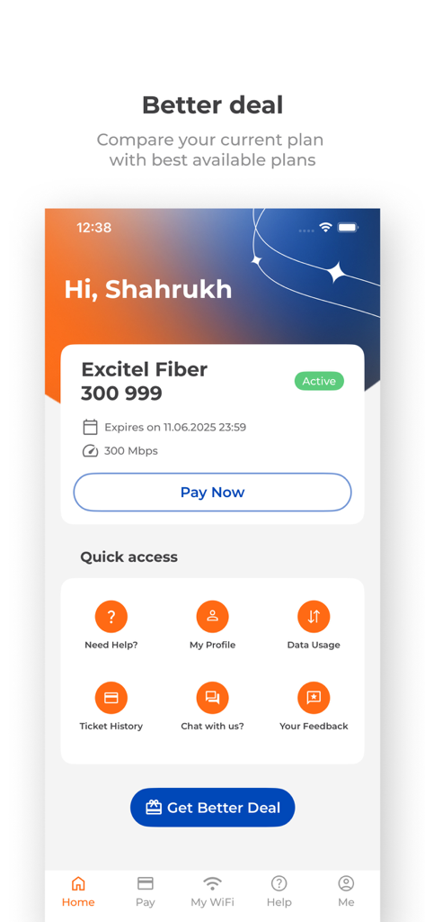 my Excitel - Interface of the my Excitel app displaying current fiber plan details, a payment button, and quick access utility icons
