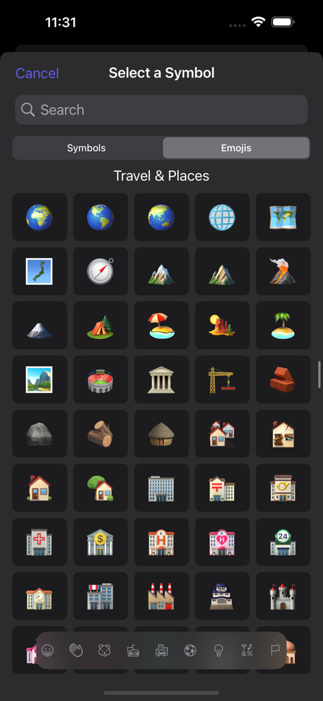 days - Emoji selection screen in the days app for customizing event categories with travel and location icons.