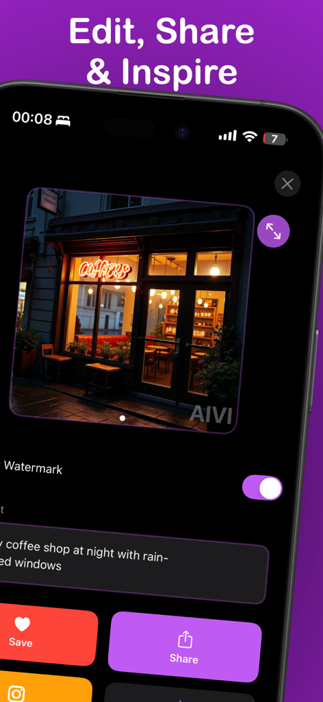 Aivi: Ai Art & Photo Generator - Interface of Aivi app displaying an AI generated photo of a coffee shop at night with sharing tools