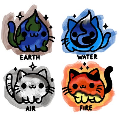 4 cats that represent the different elements, earth, water, air, and fire