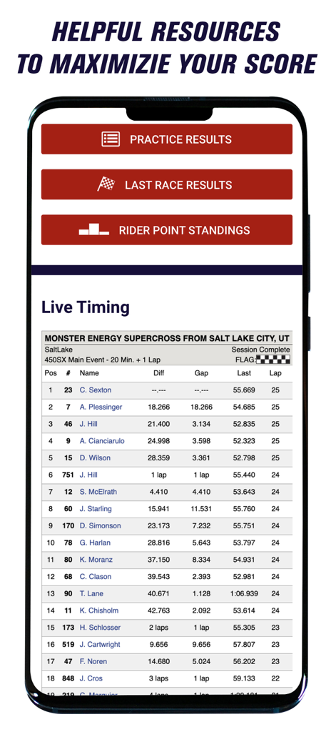 RMFantasy app screen showing live timing data and race results for a Monster Energy Supercross event