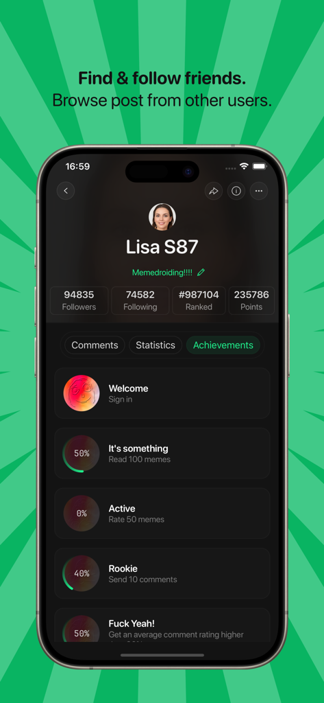 Profil utilisateur de l'application Memedroid montrant le classement des abonnés et la liste des succès gamifiés