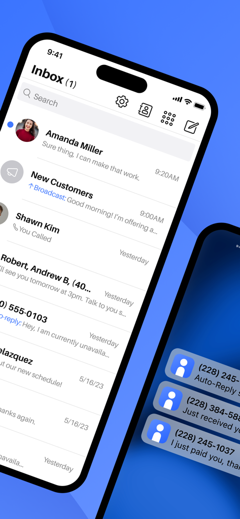 Index app interface showing a business message inbox and notification bubbles for auto-replies.
