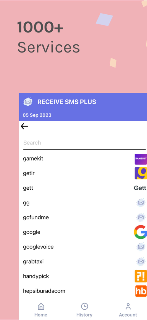 Receive SMS Plus - Uma lista de mais de mil serviços disponíveis para verificação de SMS, incluindo Google e GoFundMe.