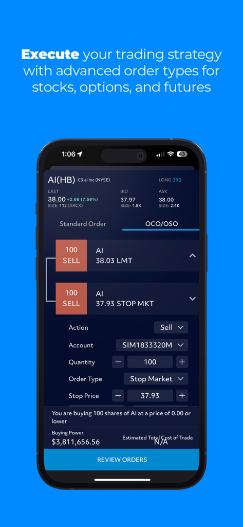 Interfaccia dell'app mobile TradeStation che mostra l'esecuzione di ordini avanzati per azioni, opzioni e futures.