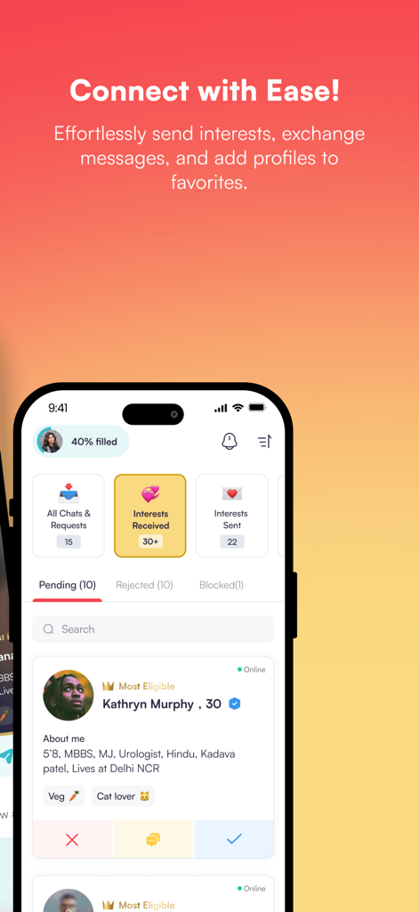 Medico Life Partner Matrimony - Interface of a matrimony app for doctors showing interests received and a professional profile with medical credentials