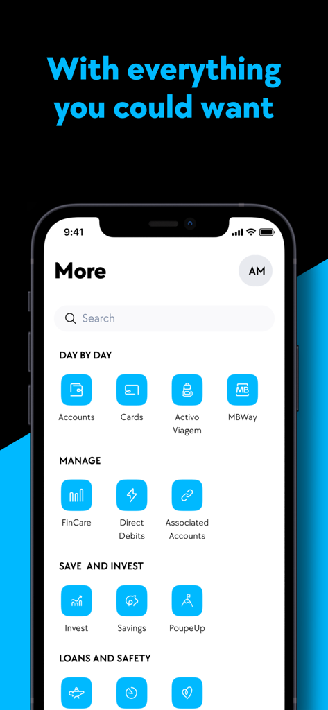 Screenshot of the ActivoBank mobile app showing the More menu with various banking services like accounts, cards, and investments.