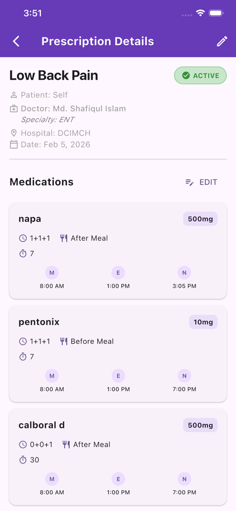 Prescription details screen displaying medication names and daily dosage schedules