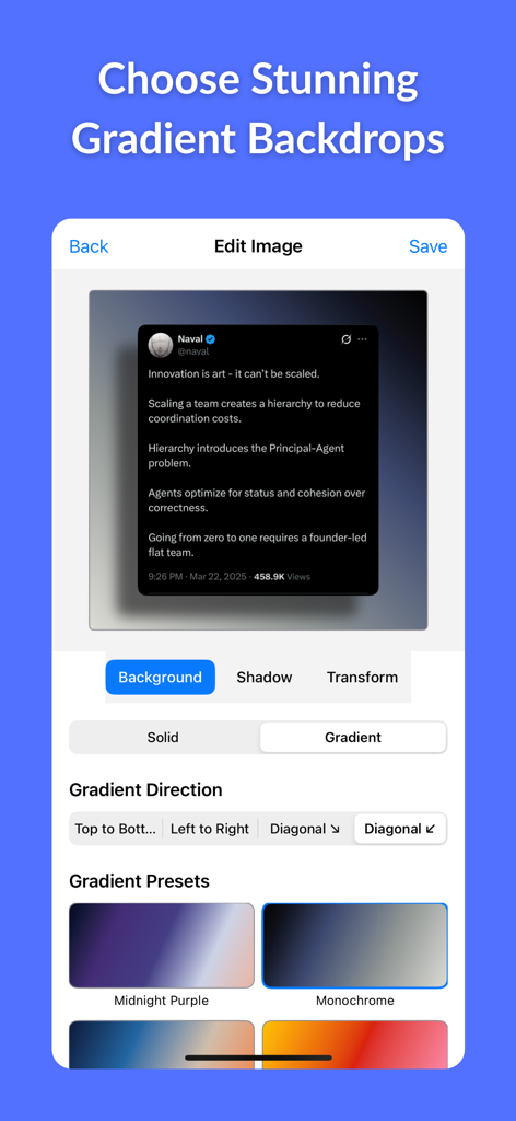 Interface of the Drop Shadow Pro app showing options to choose and customize gradient backdrops for a screenshot