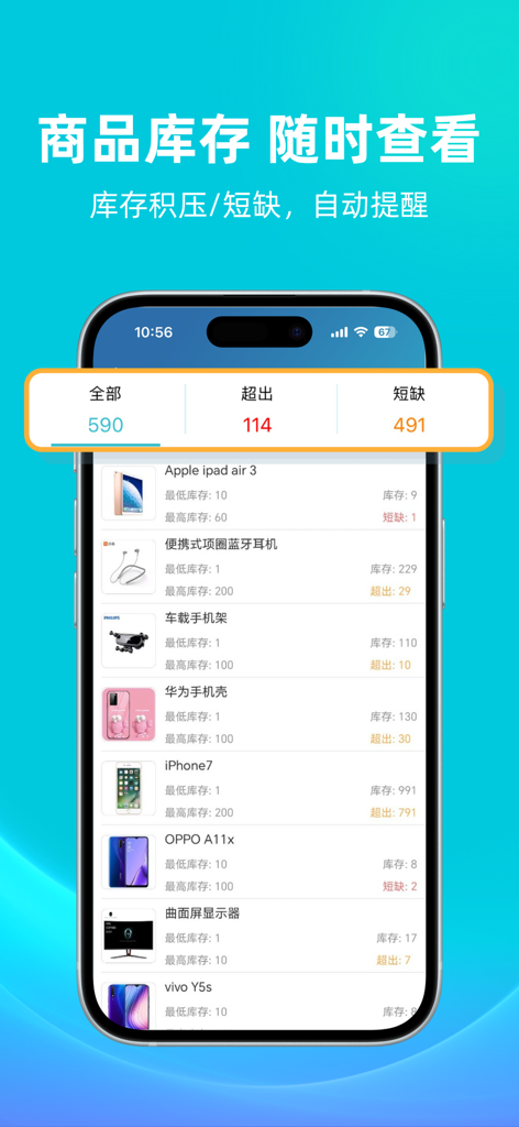 Kingdee Wisdom Note app inventory tracking screen displaying stock levels and automatic reminders for overstock and shortages