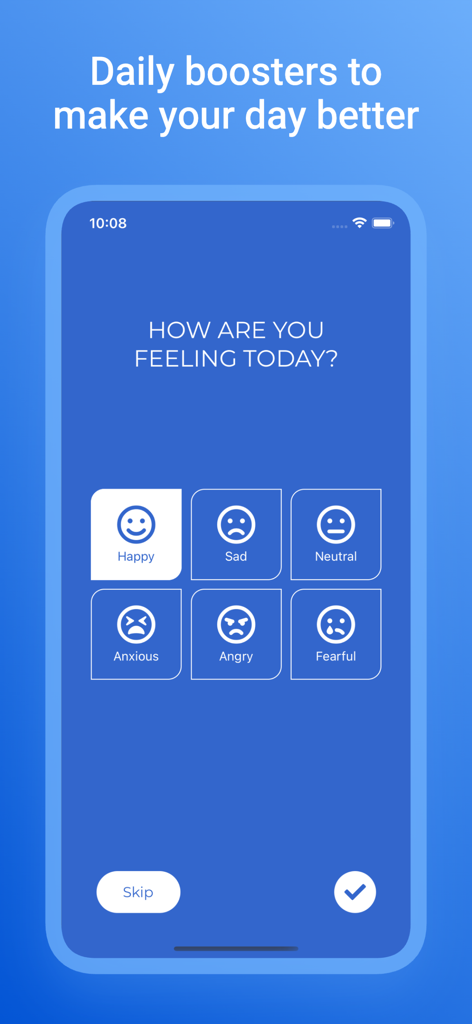 MindPlus - Mobile app interface for MindPlus asking how the user is feeling today with selectable mood icons