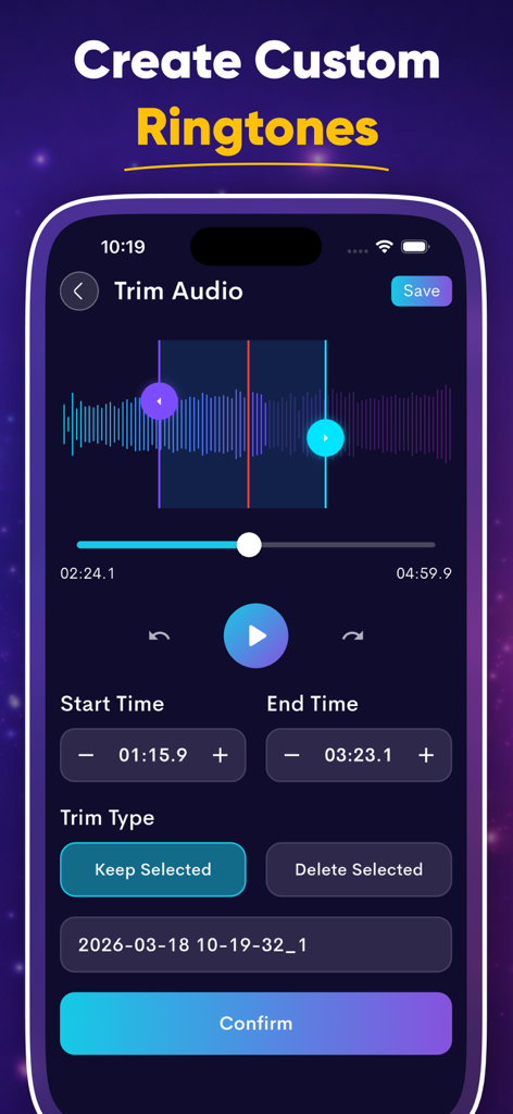 MP3 Cutter & Music Editor - Interface of the MP3 Cutter app showing the audio trimming tool to create custom ringtones