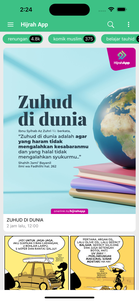 Tableau de bord de l'application Hijrah présentant un graphique de conseils islamiques sur le Zuhud et une bande dessinée éducative.