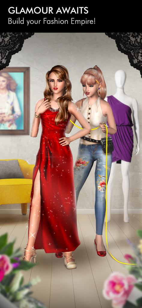 Fashion Empire - Dressup Sim - Una diseñadora de moda midiendo un glamuroso vestido rojo en una simulación de boutique.