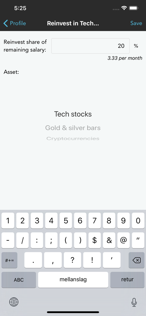 Wealth Forecast app interface for setting the percentage of remaining salary to reinvest into assets like tech stocks
