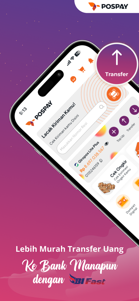POSPAY mobile app interface showing money transfer and shipment tracking features in Indonesian