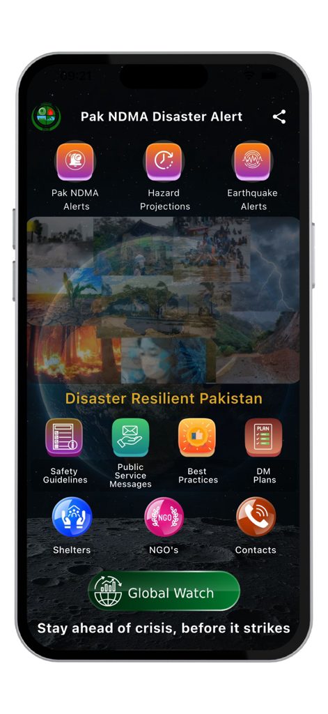 PAK NDMA-Disaster Alert - Home screen of the Pak NDMA Disaster Alert app featuring icons for earthquake alerts, safety guidelines, and disaster management plans.