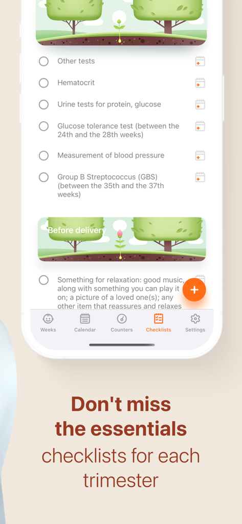 Pregnancy Tracker・App by Moms - A mobile screen showing a pregnancy tracker app with essential medical checklists for each trimester