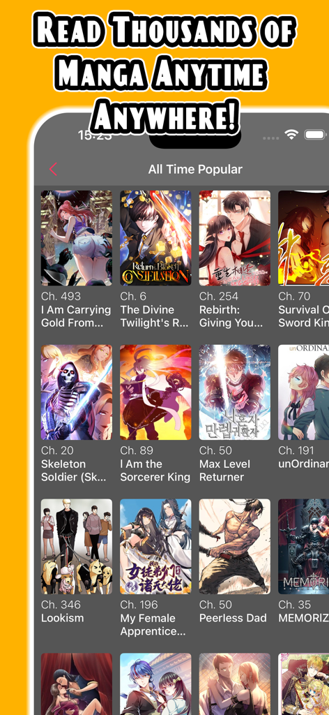 Manga Reader: Webcomic, Manhwa - Manga Reader app interface showing a grid of popular manga and manhwa titles.