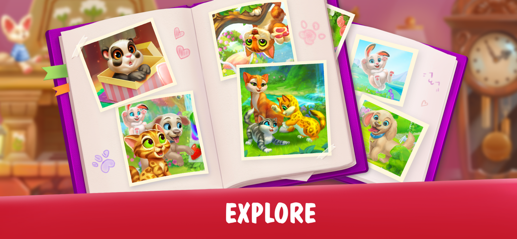 Garden Pets: Home Decorate - Un álbum de recortes morado lleno de fotos de lindas mascotas de dibujos animados como gatos, perros y conejos, sobre la palabra explorar.