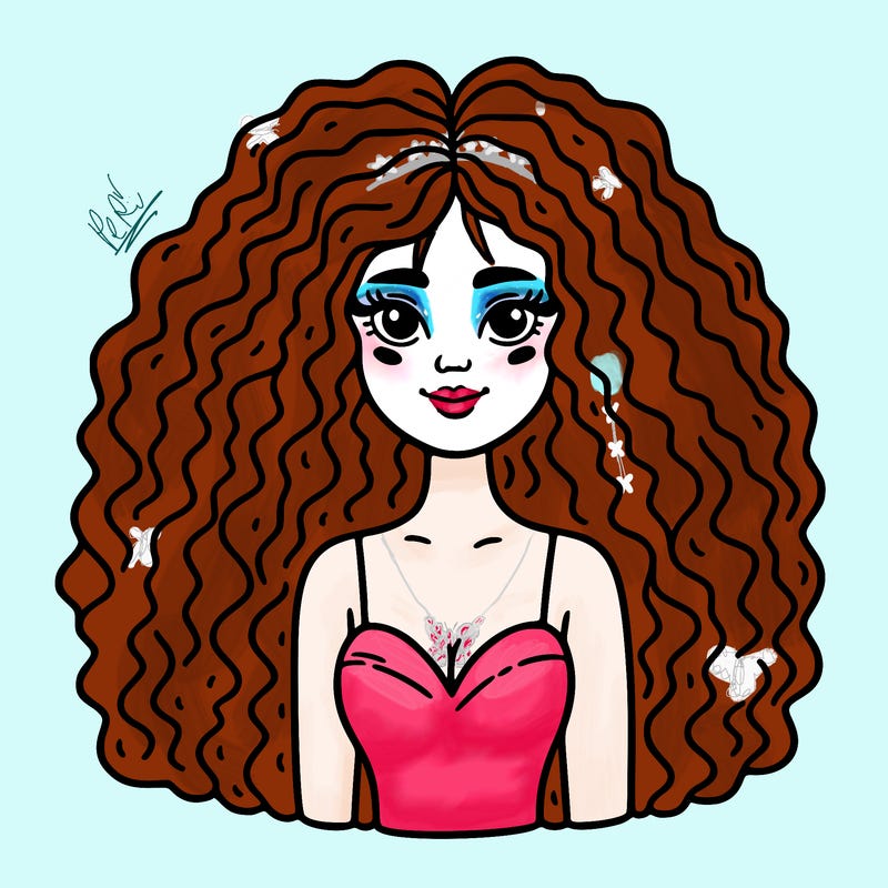 lady with long and big curly hair