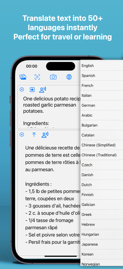 Screenshot of TLDR app translating a recipe from English to French with a language selection menu