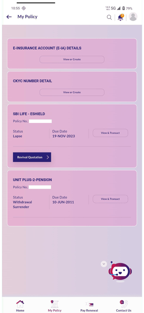 SBI Life Smart Care - SBI Life Smart Care app interface displaying policy details status and insurance account management options