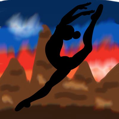 gymnast doing a leap in a leotard with a bent back leg