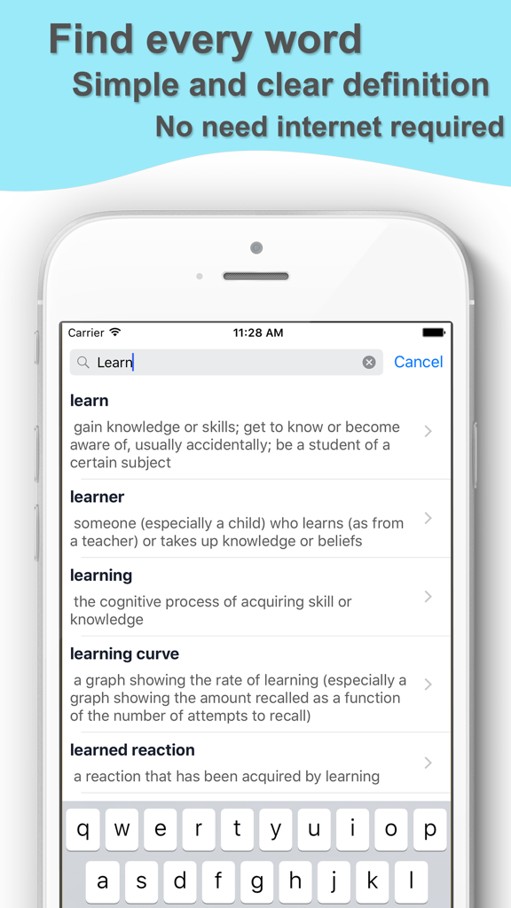 Bildschirm eines Smartphones, das die Englisch Wörterbuch-App mit Definitionen für das Wort lernen zeigt