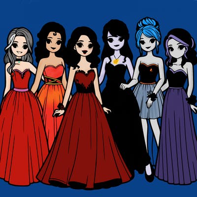 group of teenage girls in prom dresses