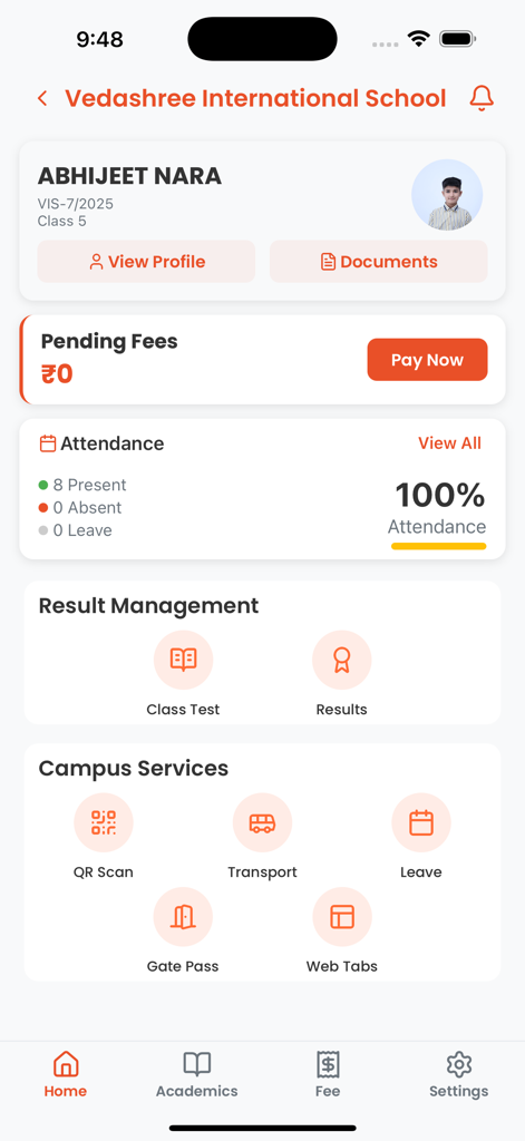 Dashboard view of the Students Portal app showing attendance and fee status