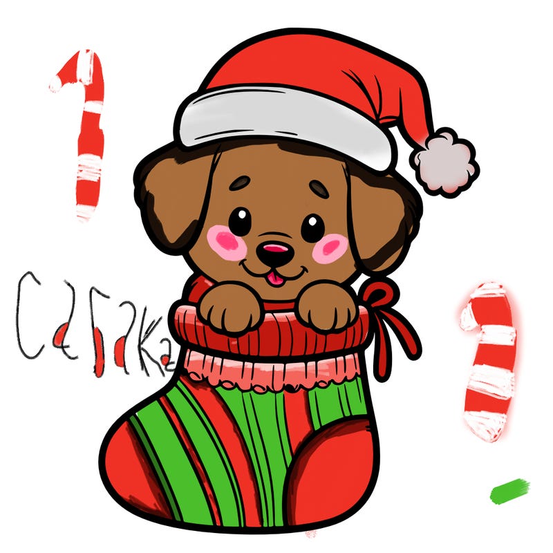 cute puppy wearing santa hat in socking