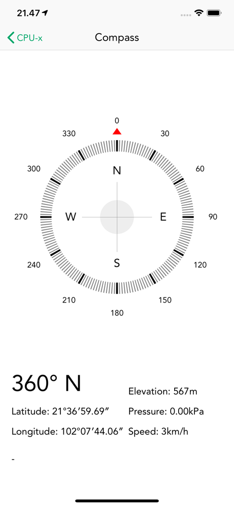 CPU-x app compass showing latitude longitude and elevation details