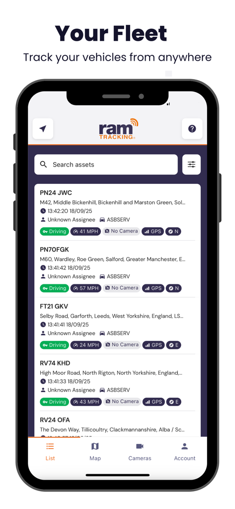 RAM Tracking mobile app fleet list view showing real-time vehicle status and speed data