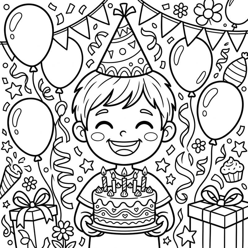 Bring smiles to a child's special day with this delightful birthday portrait coloring page. Bursting with balloons, confetti, and a delicious cake, it's perfect for young artists to celebrate.