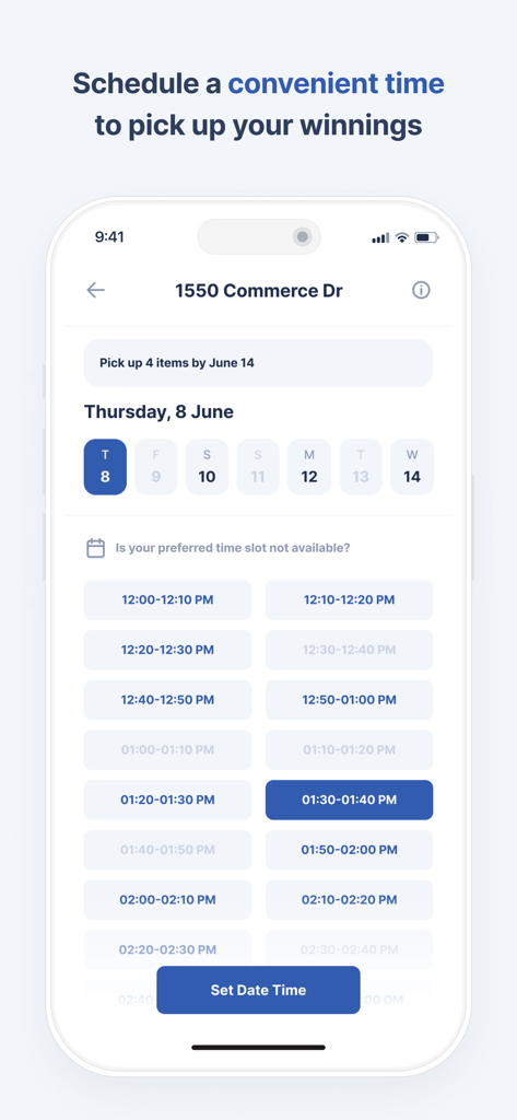 Interface for scheduling a pickup appointment for items won in the OLA auction app