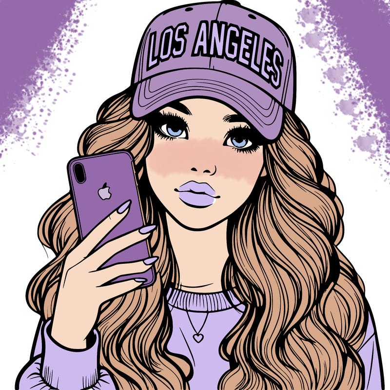 realistic beautiful girl wearing los ángeles cap holding an iphone