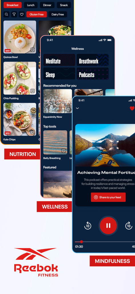 Tres pantallas de aplicación móvil que muestran recetas saludables, categorías de bienestar como meditación y sueño, y un reproductor de podcasts de mindfulness.