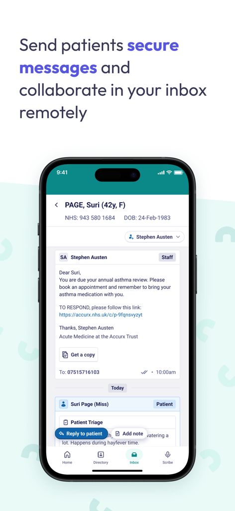 Accurx - Screenshot of the Accurx app showing a secure messaging interface between a healthcare professional and a patient regarding an asthma review.