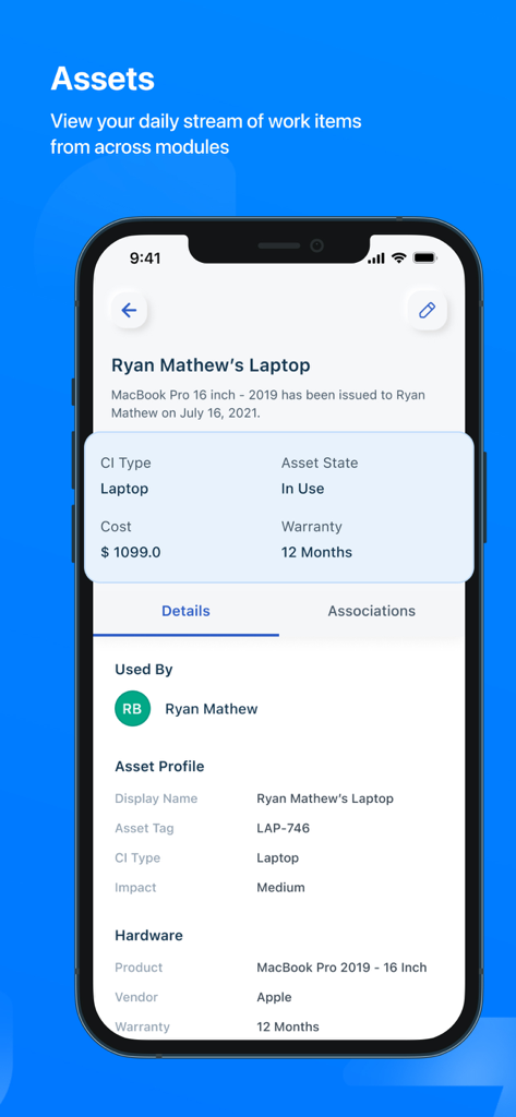 Tela do aplicativo móvel Freshservice mostrando informações detalhadas de gerenciamento de ativos de TI para um laptop da empresa, incluindo etiqueta do ativo e especificações de hardware.