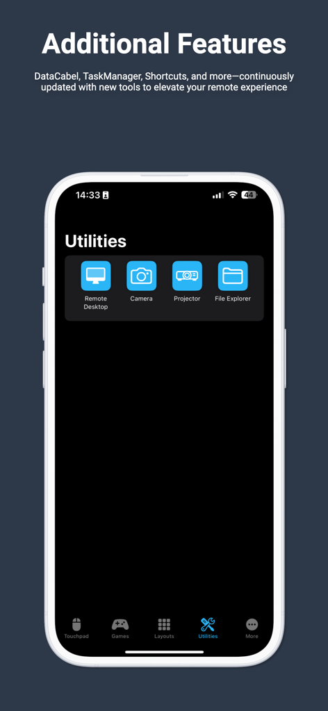 Pantalla de utilidades de Monect PC Remote mostrando funciones de escritorio remoto y explorador de archivos