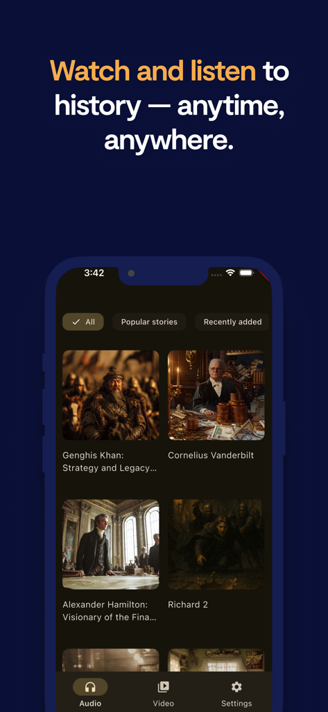 Epictok - The Epictok app interface showing a gallery of historical stories including Genghis Khan and Alexander Hamilton.
