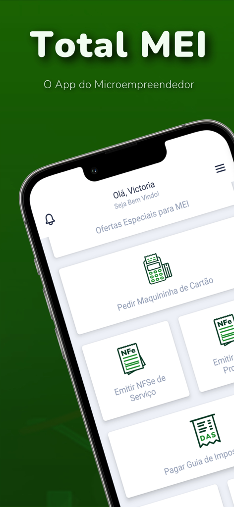 Total MEI: Serviços, DAS Fácil - Painel do aplicativo Total MEI mostrando serviços de negócios para microempreendedores brasileiros, incluindo pagamentos de impostos e emissão de notas fiscais