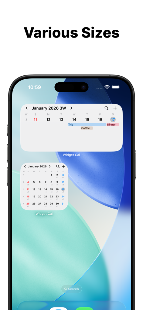 Pantalla de inicio del iPhone que muestra un widget de calendario semanal y mensual en diferentes tamaños