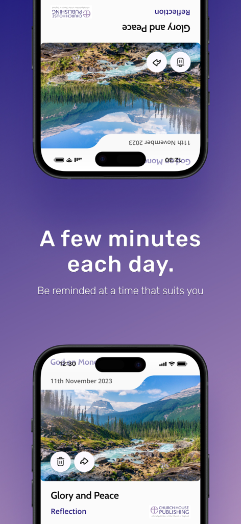 Everyday Faith app interface showing a daily reflection with a mountain landscape and a reminder prompt