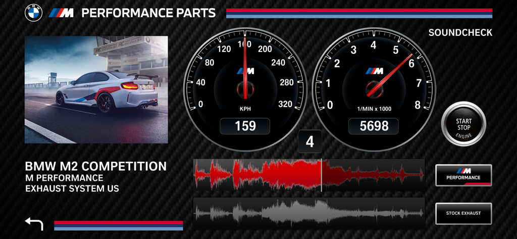 BMW M2 Competition dashboard in the M Performance Sound Player app comparing exhaust sounds