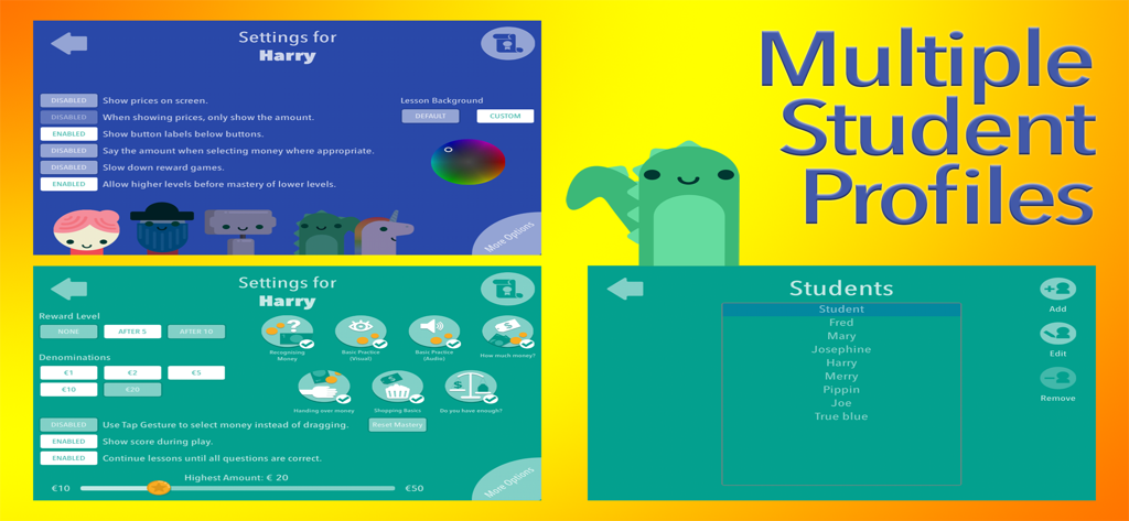 Money Up! - Build Life Skills - Screenshots of the Money Up app showing student profile management and individual learner settings