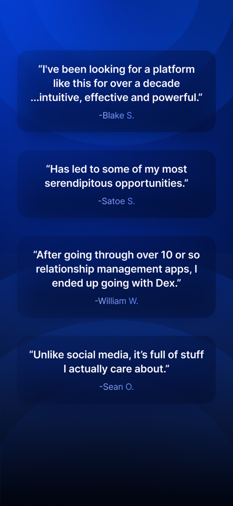Dex - Rolodex and Personal CRM - Testimonios y reseñas positivas de usuarios de la aplicación CRM personal Dex, destacando su eficacia para la gestión de relaciones